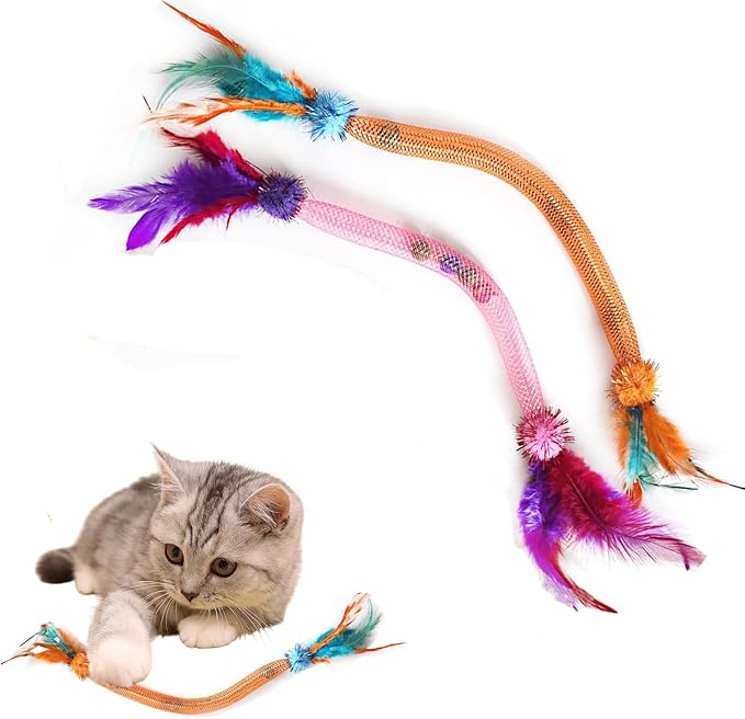 Cat Toys for Indoor Cats with Catnip โ 2 Pack Feather Elastic Mesh Chew with Pom-Pom Cat Toys, 19.5 Inch Durable Kitten Teething Cat Toy Bundle with Bells