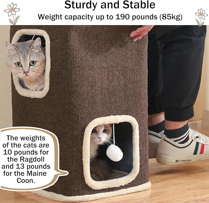 Empet Cat House for Indoor Cats Beds, Multi-Level Cat Condo, Foldable Cave Bed Brown, (3-Level)