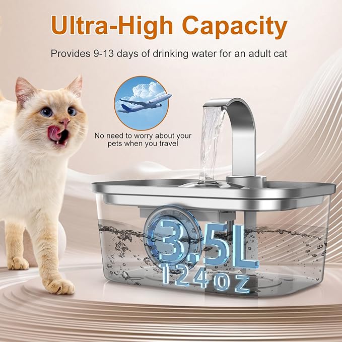 Bobo&Dragon Automatic Stainless Steel Cat Water Fountain for Cats & Dogs 124oz/3.5L - Quiet Water Dispenser Bowl with Pump, Fresh Filtered Hydration, Easy Clean, Leak-Proof Design for Indoor
