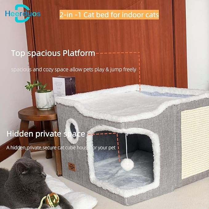 Cat Bed for Indoor Cats,Covered Cat Cave House & Furniture with Scratch Pad,Foldable Cat Hideaway Hut Cute Cat Condo with Soft Washable Mat for Multi Small Pet Under 30 lbs,Light Grey