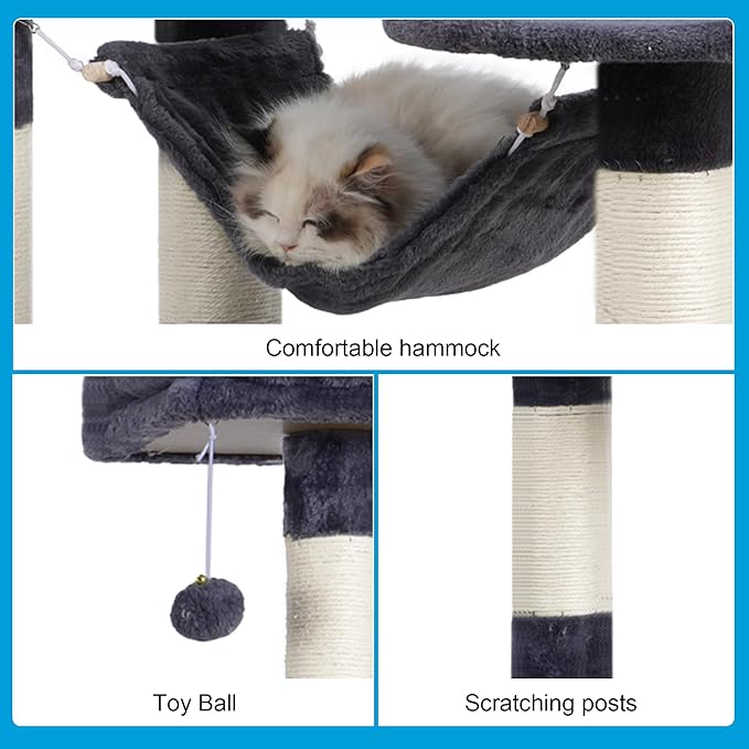 Hey-brother Large Multi-Level Cat Tree Condo Furniture with Sisal-Covered Scratching Posts, 2 Bigger Plush Condos, Perch Hammock for Kittens, Cats and Pets Smoky Gray MPJ020G