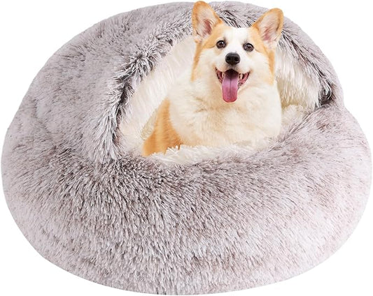 Coffee Round Hooded Cat & Dog Bed - Faux Fur Cuddler Cave, Self-Warming Donut Bed, Fits up to 22 lbs Pets (24x24 inch)