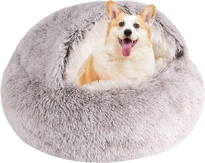 Coffee Round Hooded Cat & Dog Bed - Cave Cover, Faux Fur Cuddler, Self Warming Donut Bed, Fits up to 12 lbs Pets (20" x 20")
