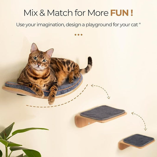 Cat Wall Shelves,Cat Wall Steps and Perch,Stairs,Ladders,Nest,Bed,Modern Wooden Floating Climbing Furniture for Hopping and Sleeping,with Scratching Cushion(Combo)