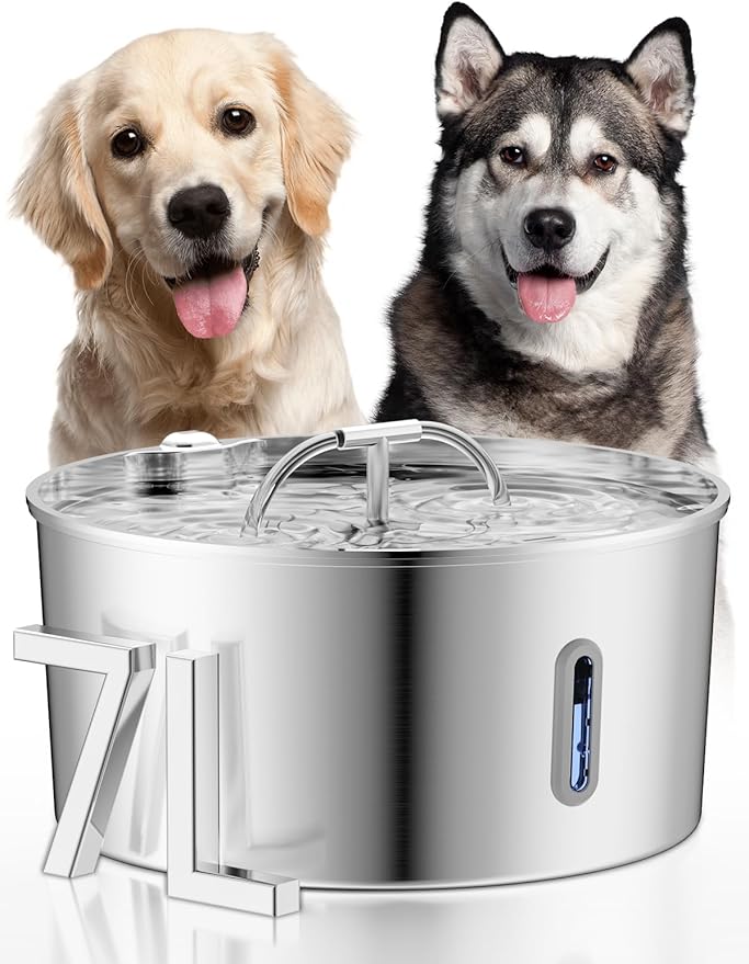 Dog Water Fountain for Large Dogs, 7L/236oz/1.8G Stainless Steel Dog Fountain, Large Automatic Pet Drinking Bowl Dispenser with Quiet Pump, Multiple Filtration, Dual-Stream for Cats and Dogs Indoor