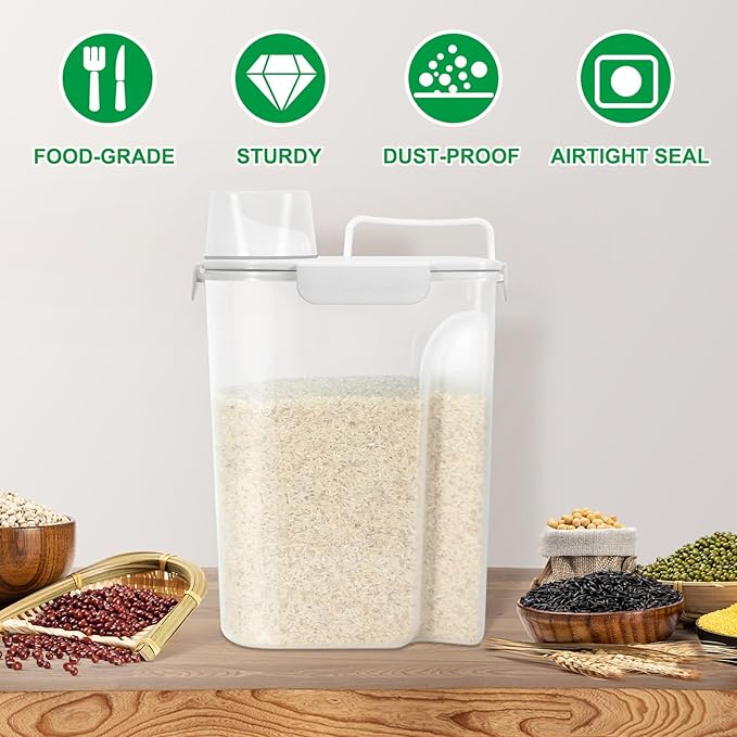 TBMax Airtight Rice Container 10 Lbs Cereal Dispenser, Small Pet Cat Dog Food Storage Container, Plastic Kitchen Pantry Food Storage Holder with Cup -White
