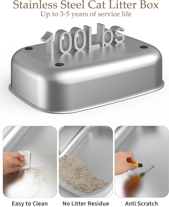 Stainless Steel Litter Box with Lid, Extra Large Enclosed Cat Litter Box for Big Cats, Anti-Leakage Metal Kitty Box with High Sided Enclosure, Scoop, Pedal & Non-Slip Mat, Easy to Clean