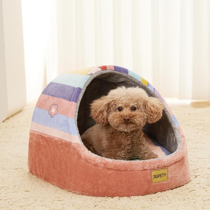 Jiupety Cute Cat Beds for Indoor Cats, Cat Cave Bed for Kittens, Hideaway Cat House for Cats & Small Dog with Anti-Slip Bottom, Washable Removable Cushion, L(19"x17"x16"), Rainbow