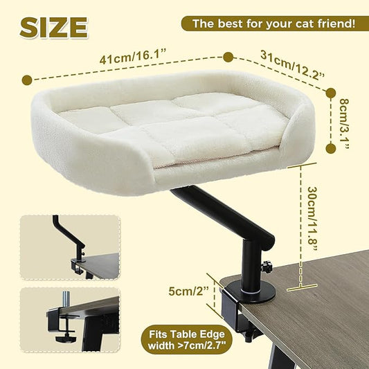 PAWZ Road Cat Desk Bed for Indoor Cats, Cat Bed for Desk Supports Up to 50 lbs, 360° Rotation & Adjustable, Nest Desktop Attachment Cats Hammock for Table, White