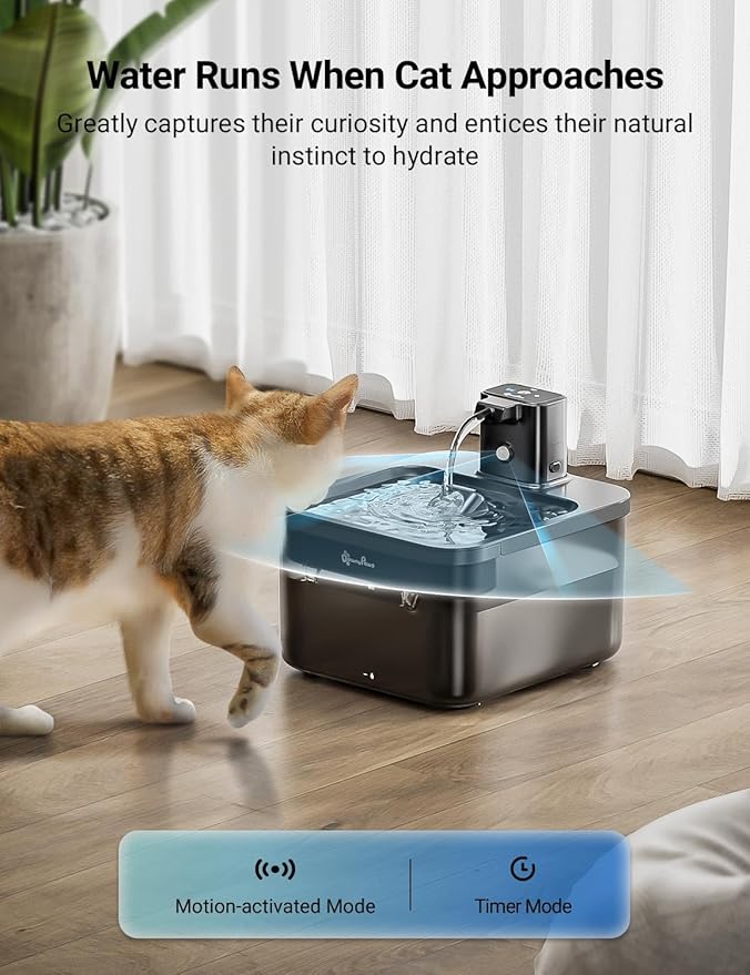 DownyPaws Battery Operated Cat Water Fountain, 84oz/2.5L Fursink Wireless Cat Waterer Fountain with Motion Sensor, BPA-Free, Black with 6 Filters