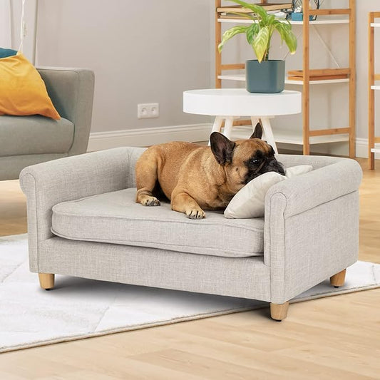 dCee Dog Sofa Bed, 33 Inch Light Gray Couch for Medium Dogs up to 70 Lbs, Offering Soft Velvety Comfort, Joint Support, and a Washable Cushion Cover for Practical Cleaning