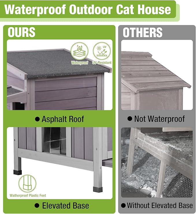 GUTINNEEN 2 Story Wooden Outdoor Cat House Weatherproof with Escape Doors, Openable Roof, Feral Cat Shelter with Elevated Base & Acrylic Window