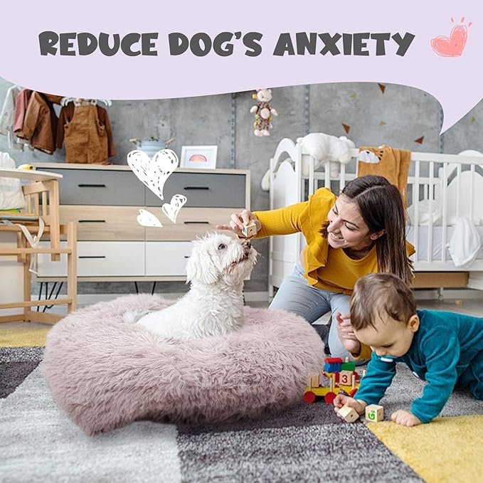 Himax Donut Bed for Small Medium Dogs With Attached Blanket - Calming, Washable (20"/26"/35") Light Grey