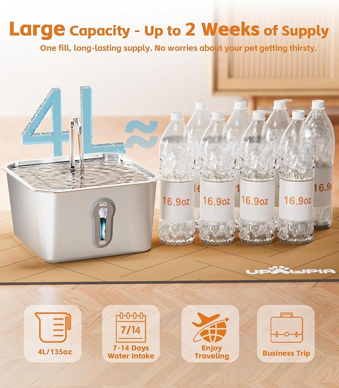 Cat Water Fountain Stainless Steel 135oz/4L Pet Water Fountain for Cats Indoor with 16 Filters Pets Dog Small Animal Automatic Dog Water Dispenser with 8 Filters 8 Sponges Quiet