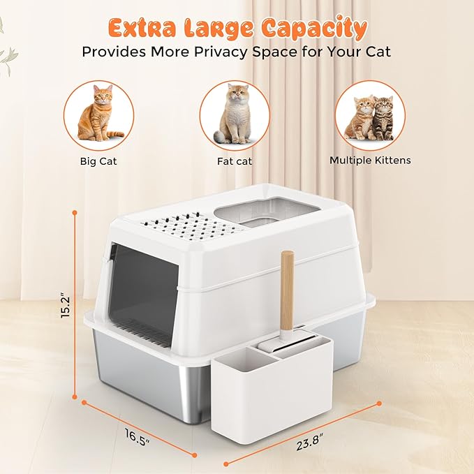 URPOWER Stainless Steel Cat Litter Box with Lid Extra Large Enclosed Litter Box for Cats Non-Sticky Metal Pan with High Sided Enclosure & Scoop, Front & Top Entry, Anti-Leakage, Easy Cleaning