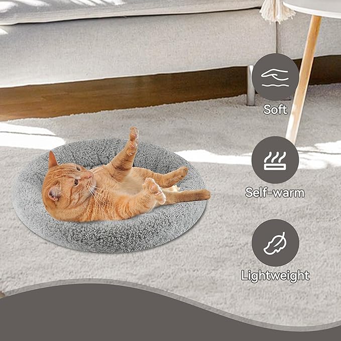 Enjoying Small Cat Bed Mat, 13.78" Round, Self Warming Cat Mat with Pillow Around, Dog Kitty Curling Sleep Cushion, Soft Kitten Pad for Carrier/Crate, Rabbit Warm Bed, Antiskid Bottom, Small