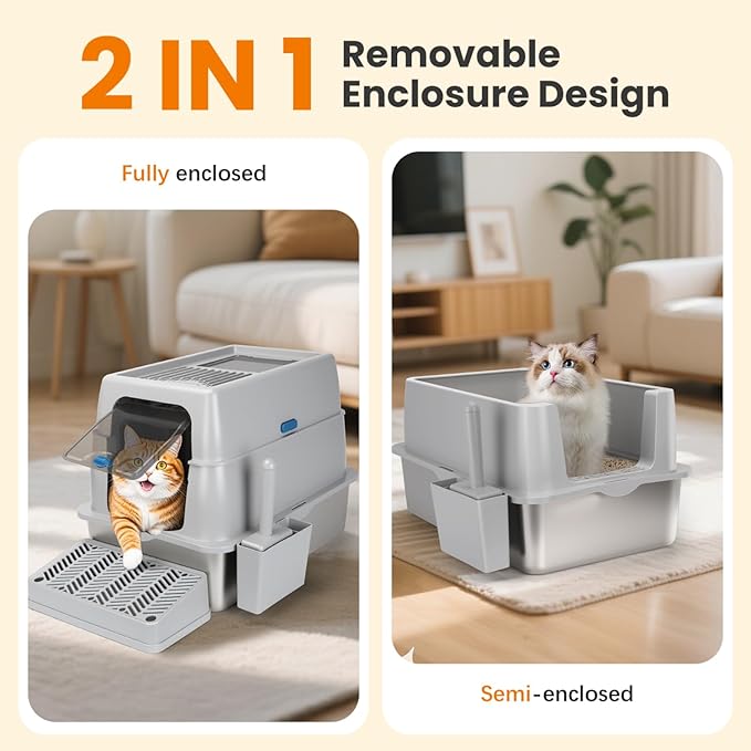 Nobleza Stainless Steel Cat Litter Box Extra Large Open-Top Enclosed Design Metal Litter Pan, Indoor Litter Tray, Non Stick, No Smell, Easy to Clean, Pet Toilet Supplies for Kitten, Kitty, Rabbit