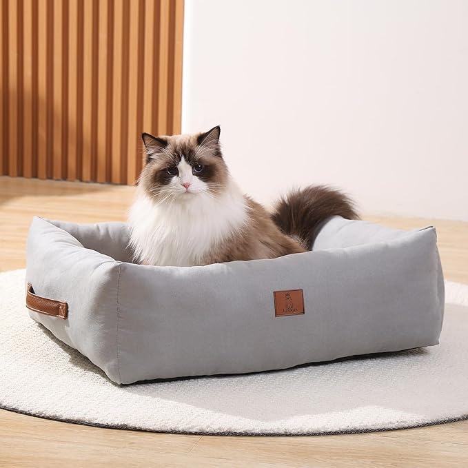 20In Dog Bed for Small Medium Sized Dogs and Cats - Washable Rectangle Puppy Bed for Indoor Outdoor, Cozy Pet Bed with Support Pillow & Non-Slip Bottom(Pale Grey, Small)