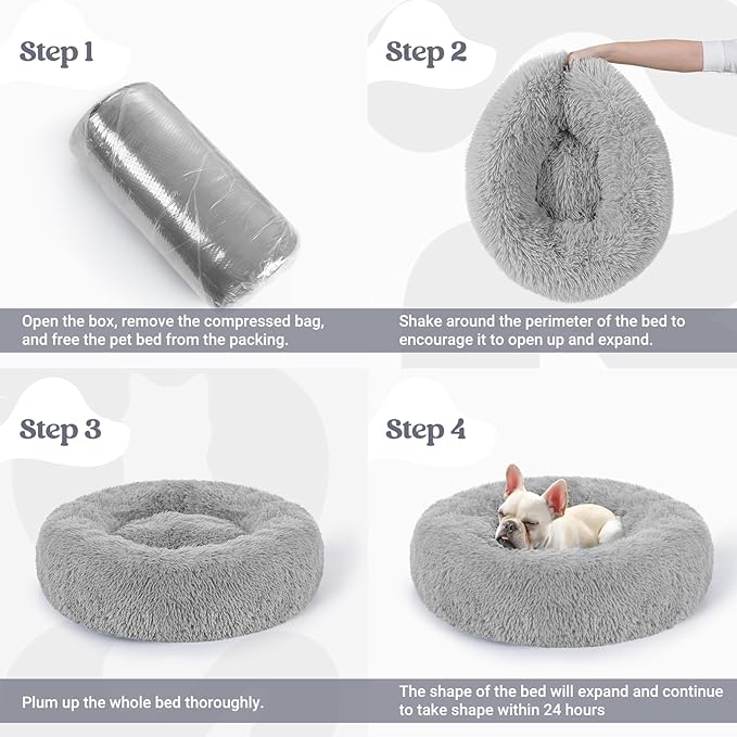 rabbitgoo Calming Dog Bed for Small Medium, 27 inches Pet Bed Machine Washable, Non-Slip Round Fluffy Plush Faux Fur, Soft Donut Cuddler Cushion for Small Dogs, Light Grey