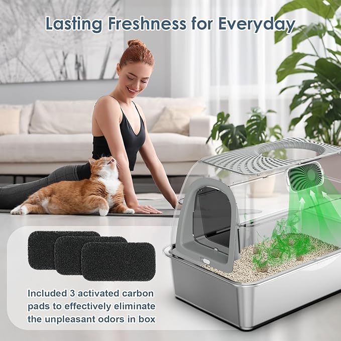 Stainless Steel Top Entry Litter Box with Dog-Proof, Hooded Stainless Steel Litter Box with Filter Lid & Scoop for Low Tracking, Enclosed Cat Litter Boxes for Anti-Leakage Metal Litter Pan