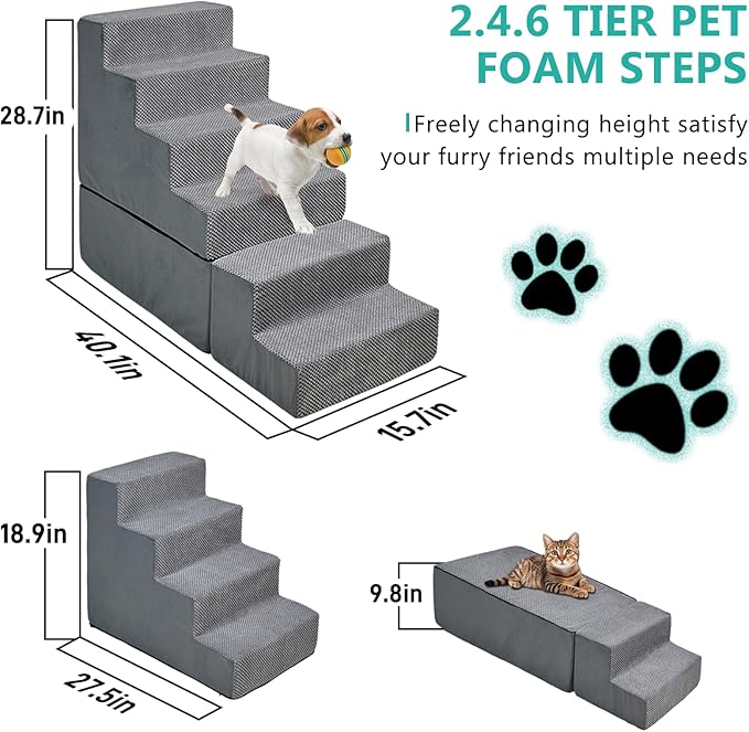 Dog Stairs for High Beds 28-30 inches Tall, 6-Step Dog Stairs for Small Large Dogs/Cats, Foam Dogs Steps/Ramp for High Bedsides/Couch, Non-Slip Balanced Pet Step/Pamp/Ladder for Bed, Grey