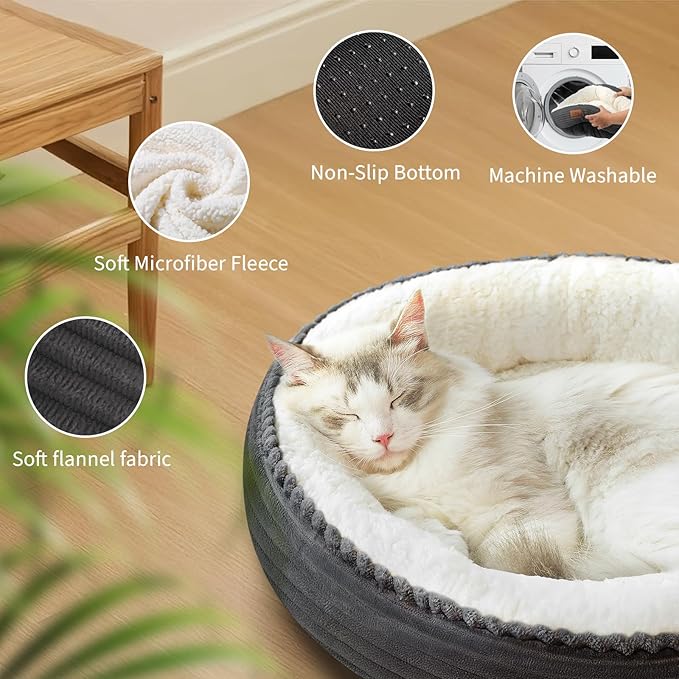 20in Washable Cat Beds for Indoor Cats - Round Donut Pet Bed for Cats, Small Dogs, Puppy, Kitten - Anti-Slip Bottom, Calming Bed Gift - Dark Grey