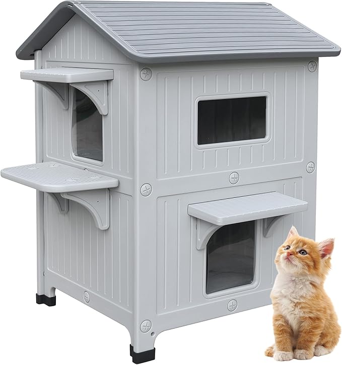 Plastic 2 Story Outdoor Cat House with Escape Door, Waterproof Cat House for Feral Cats for Outdoor Indoor Use, Sturdy Cat Houses for Outdoor Cats, Clean & Assemble Easily(Grey)