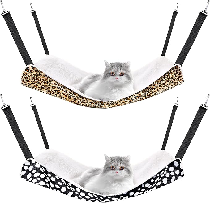 2 Pieces Reversible Cat Hanging Hammock Soft Breathable Pet Cage Hammock with Adjustable Straps and Metal Hooks Double Sided Hanging Bed for Small Dogs Rabbits(Leopard and Dot,L)