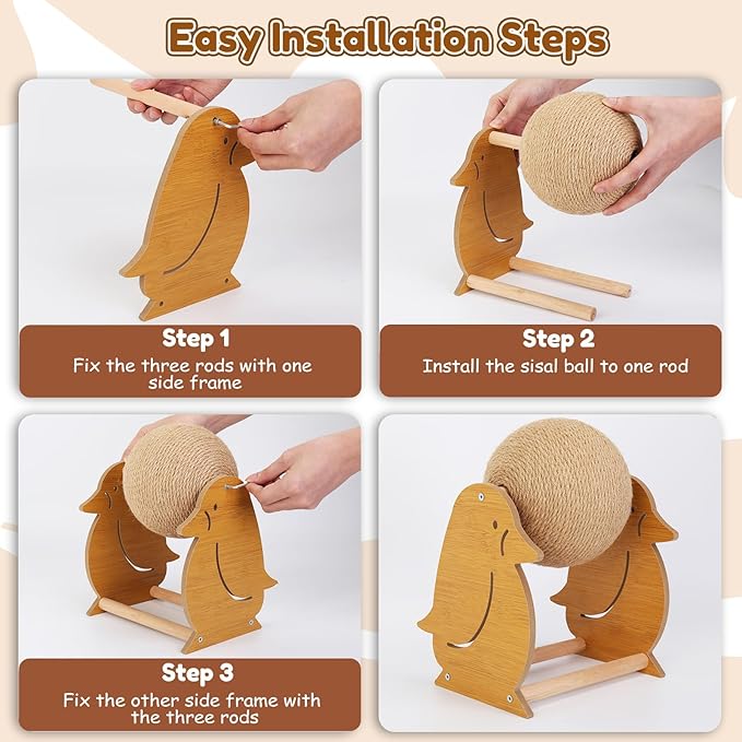 Outamateur Cat Scratching Ball Toy, Sisal Scratching Ball with Cute Stable Stand, Interactive Play and Exercise Toy for Kittens, Cats, Small Pets (Penguin)