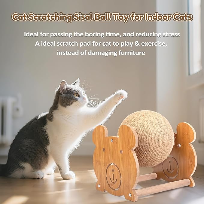 Outamateur Cat Scratching Ball Toy, Sisal Scratching Ball with Cute Stable Stand, Interactive Play and Exercise Toy for Kittens, Cats, Small Pets (Bear)