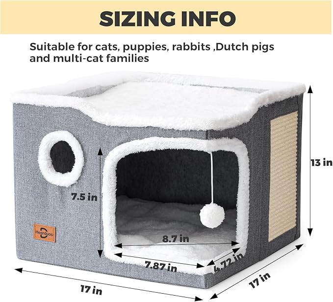 Cat Bed for Indoor Cats,Covered Cat Cave House & Furniture with Scratch Pad,Foldable Cat Hideaway Hut Cute Cat Condo with Soft Washable Mat for Multi Small Pet Under 30 lbs,Dark Grey