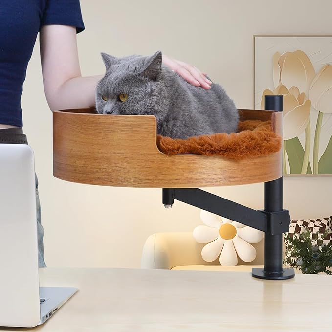 Cat Bed Desk with Pet Mat, Cat Hammock for Desk, Cat Bed Desk with Wooden Bowl, 360° Rotation and Adjustable Height, Coffee