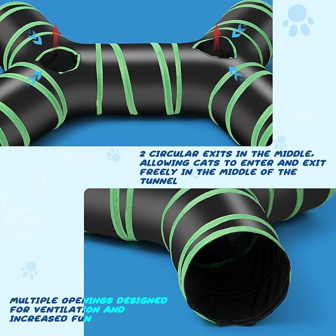 Upgraded Cat Tunnel Bone-Type, 4 Way Collapsible Cat Playhouse Pet Play Tunnel Tube with Storage Bag for Cats, Puppy, Rabbits, Ferret, Guinea Pig, Indoor and Outdoor Use