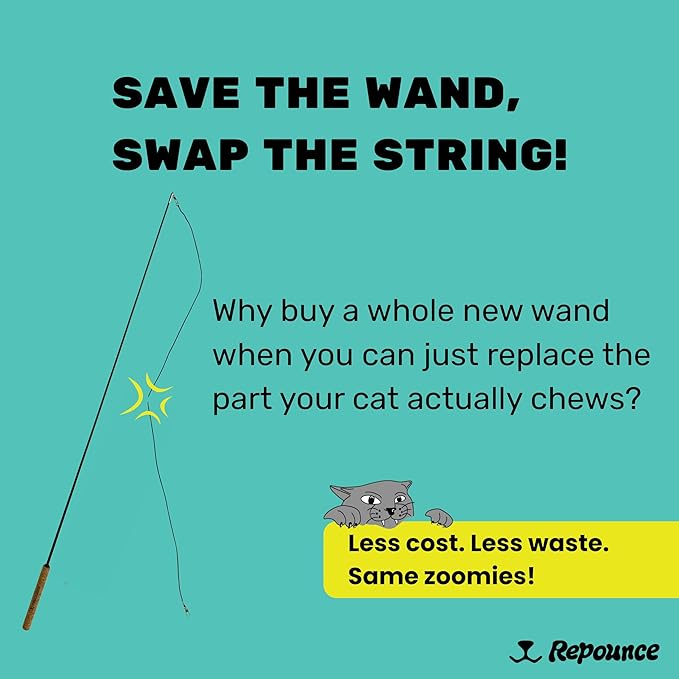 Replacement Strings for Cat Wand Toy - 3-Pieces - Chew-Proof Metal String Wire and 2 Durable Paracord Strings - Heavy Chewers Pack Cat Wand Toy Refill Strings (6 Replacement Strings)