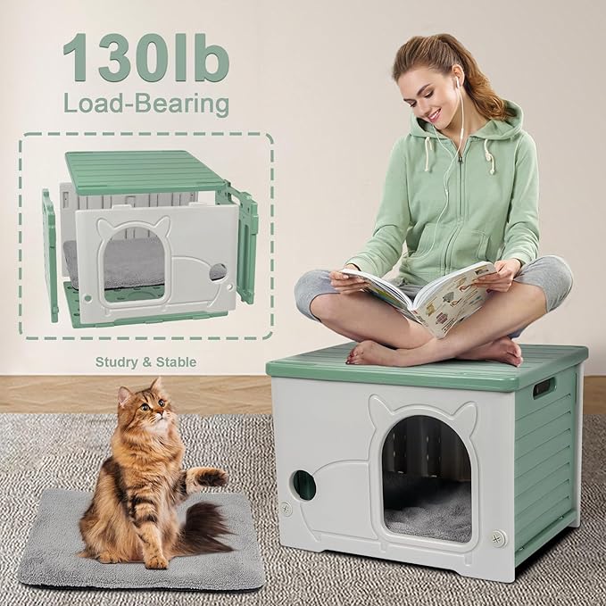 Heated Cat House, Cat Shelter Indoor, Weatherproof Waterproof Plastic Stackable Cat House for Winter with Heating Mat(Green