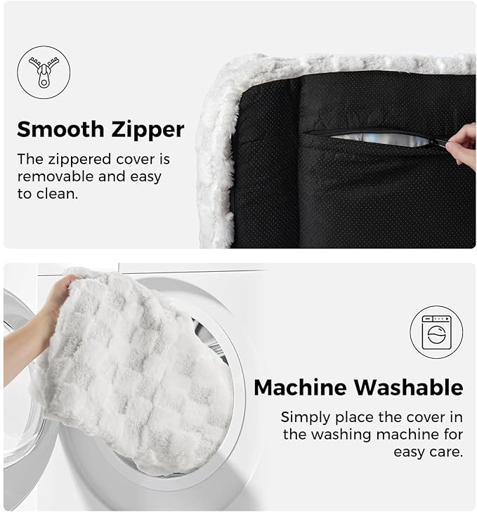 Made4Pets Cat Couch Bed, Soft Faux Fur Checkered Pet Sofa, Calming Fluffy Cat Sofa with Supportive Foam, Removable Washable Cover with Non-Slip Base, White, Small