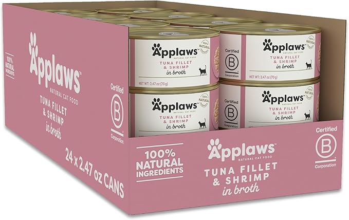 Applaws Natural Wet Cat Food, 24 Count, Limited Ingredient Canned Wet Cat Food, Tuna with Shrimp in Broth, 2.47oz Cans