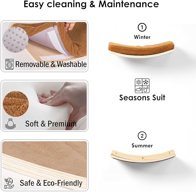 Curved Cat Wall Shelves and Perches, Floating Cat Wall Bed Furniture with Comfortable Cushion