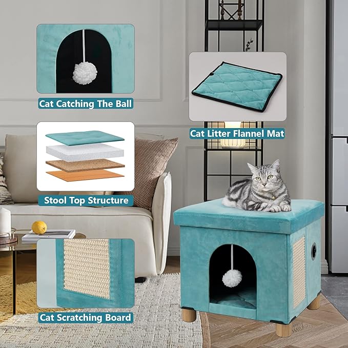 BRIAN & DANY Cat House for Indoor Cats, Cat Cave Bed for Pet, Cat Cube with Cat Scratch Board & Cat Ball, 14.7" x 14.1” x 12.7”, Green