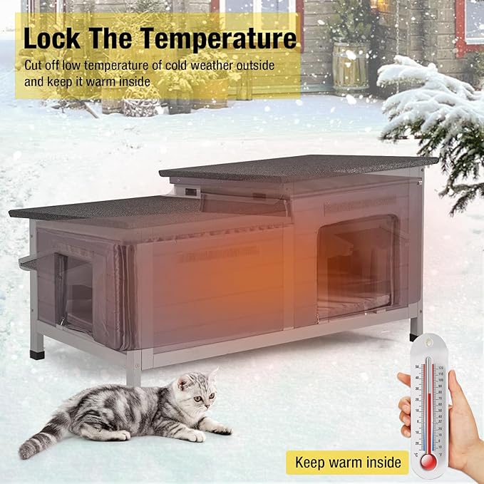 Aivituvin Outdoor Cat House Insulated Feral Cat Shelter Weatherproof for Winter Double Rooms