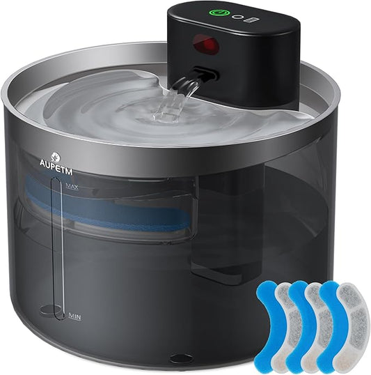 Wireless Cat Water Fountain Stainless Steel, AUPETM Cat Fountain 3.5L Battery Operated Pet Water Fountain for Cats Indoor, Motion Sensor Cat Drinking Fountain with 3 Sets Filter (5000mAh, WF080)