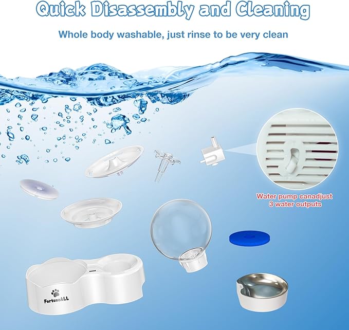 95oz/2.8L Pet Fountain 2 in 1 Set, Automatic Cat Water Fountain with Stainless Steel Feeding Tray, Cat Water Dispenser for Cats, Dogs, Quiet Anti-Dry Boil Water Pump, 3 Drinking Modes (White, WF180)