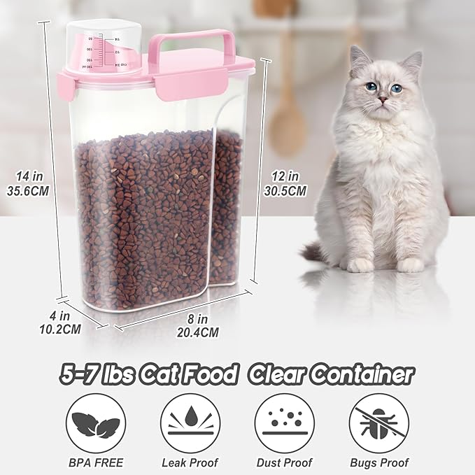5-7Lbs Dog Cat Food Storage Container with Upgraded Large Nozzle BPA-free, 4 Snap Seals Plastic Pet Food Storage Containers with Handles (1, Light Pink, 5L)