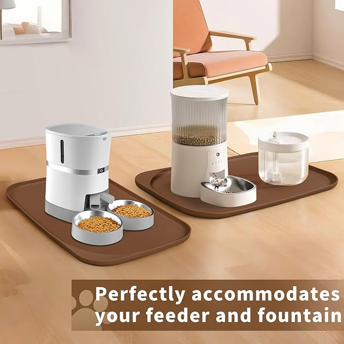 Silicone Pet Feeding Mat with Raised Edge & Residue Collection Pocket for Food and Water, Dog Bowl Mats, Cat Bowls Placemat with High Lip for Floor Waterproof, 24 x 16 x 0.8 Brown