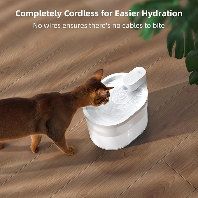 uahpet Cat Water Fountain, Wireless & Battery Operated 2L/67oz Pumpless Automatic Pet Fountain with Motion Sensor, Food-Grade ABS Tray, Easy to Clean Water Dispenser for Cats