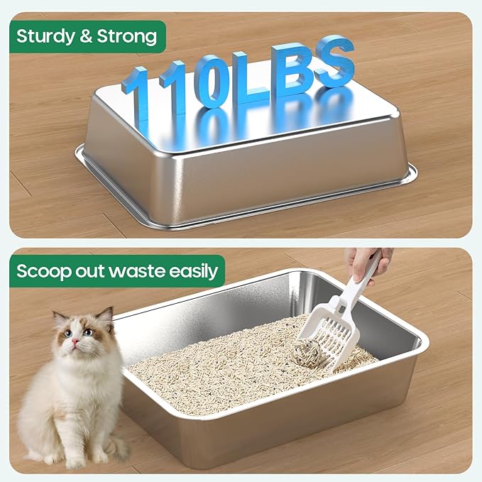 2PCS Stainless Steel Cat Litter Box,Metal Kitten Litter Pan, 6inch High Side Cats Toilet Indoor Litter Tray Pet Toilet Supplies for Cats, Kitty,Rabbits, Easy Clean, Non Stick Litter Box, No Smell