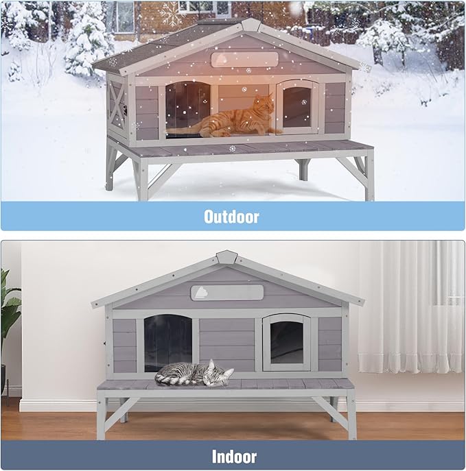 Insulated Outdoor Cat House with Balcony Weatherproof Kitty Shelter with Insulated Liner Large Feral Cat Shelter with Escape Door