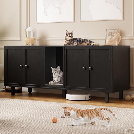 59 Inches Cat Litter Box Enclosure for 2 Cats, Hidden Litter Boxes Furniture with Cat Scratch Pad, Large Indoor Pet House with Double Room, Wooden TV Stand Side Table, Black