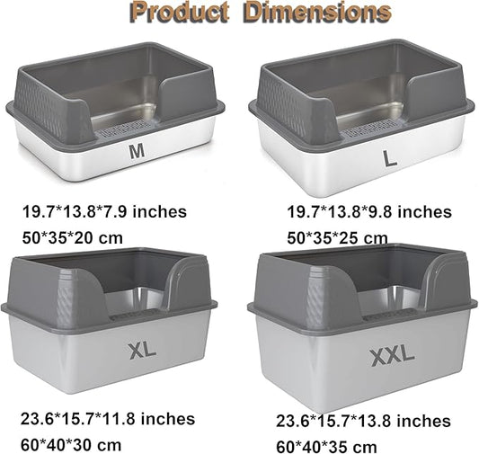 Enclosed Stainless Steel Cat Litter Box with Lid Medium Litter Box for Kitten Metal Litter Pan Tray with High Sides Scoop & Litter Mat Inside, Non-Sticky, Anti Leakage, Easy Cleaning (Gray, M)