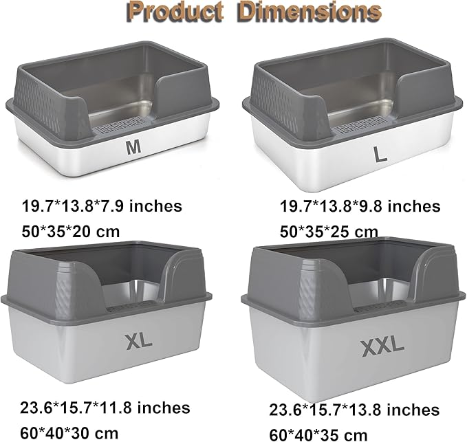 Enclosed Stainless Steel Cat Litter Box with Lid Large Litter Box for Big Cats XL Metal Litter Pan Tray with High Sides Scoop & Litter Mat Inside, Non-Sticky, Anti Leakage(Grey, XL)